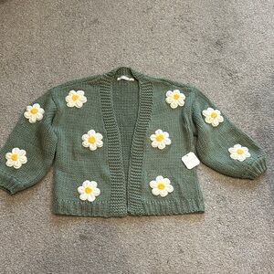 Altar'd State Green Cardigan with Floral Accents
